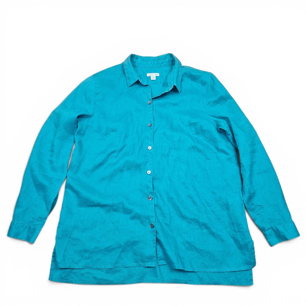 J. Jill Teal Button-Up Long Sleeve Linen Shirt